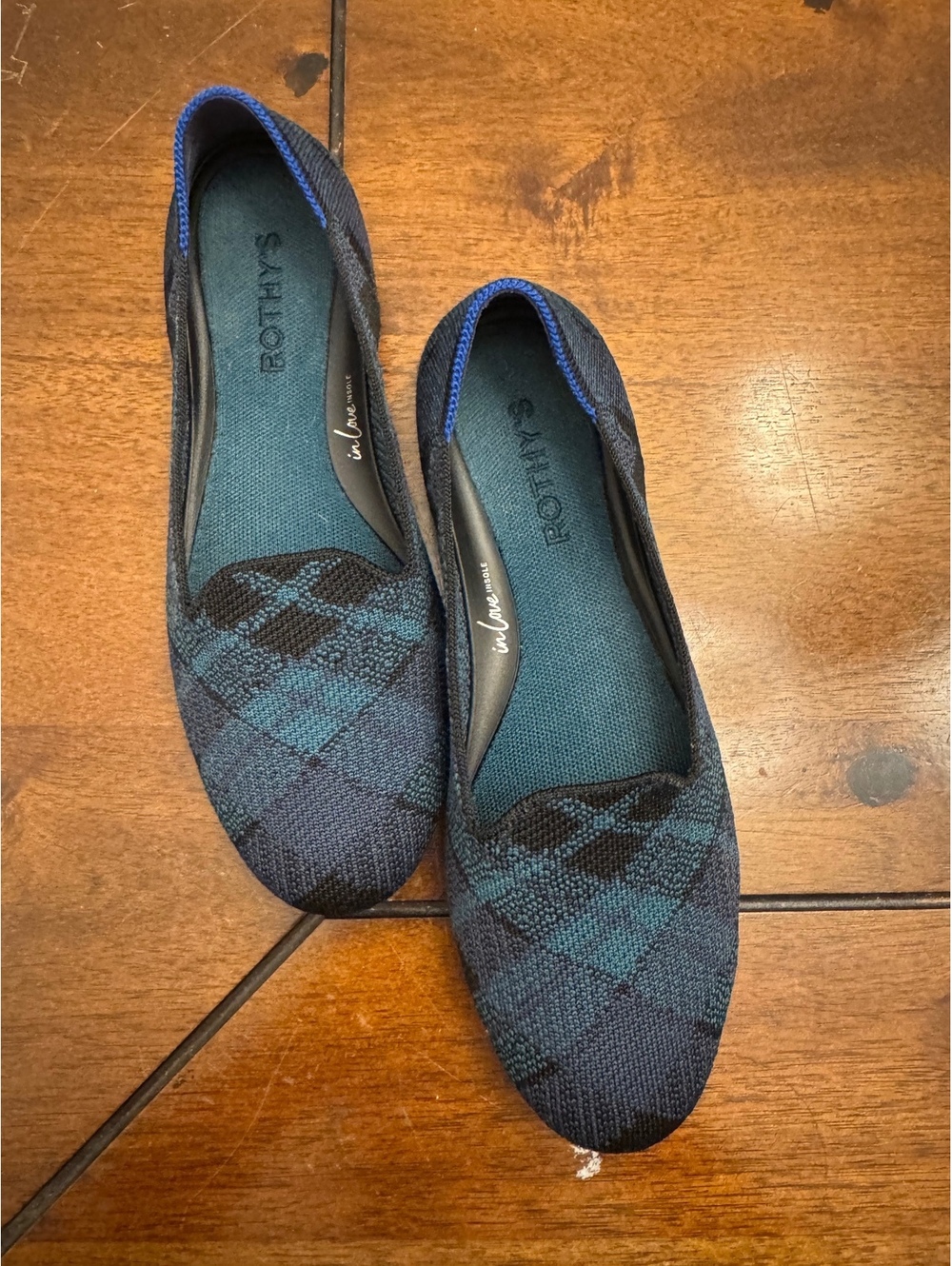 Rothy's Blue Black Plaid Tartan Knit Pointed Toe Flat Slip-On Shoes Women's 8